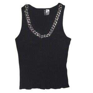 DIVIDED H&M Black Ribbed Tank Top Silver Metal Chain Detail Women's Size Large L